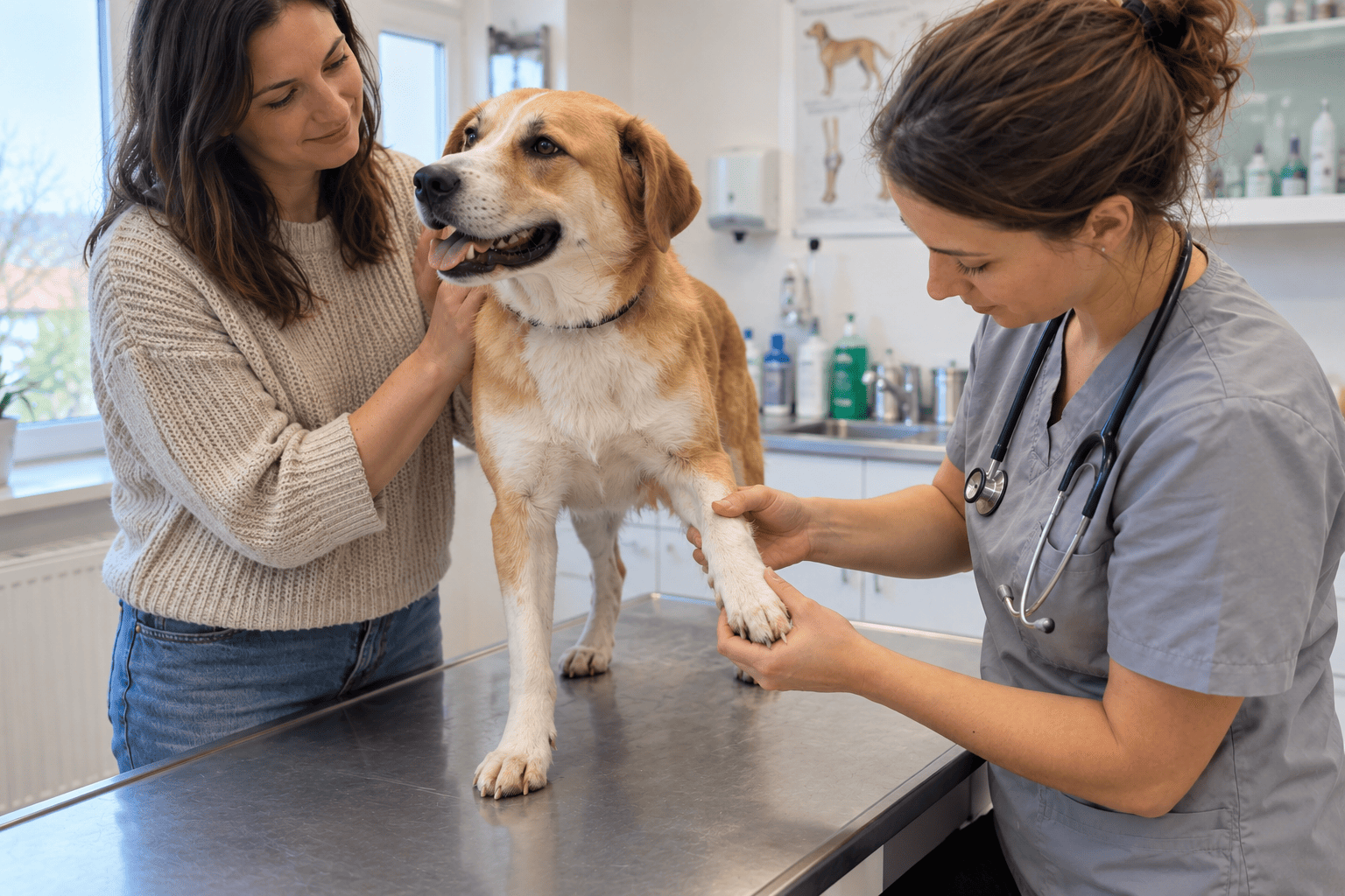 Veterinár porovnáva opuchnutý kĺb psa s druhou nohou